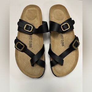 Project Cloud Black Leather Sandals with Gold Buckles (Size 9)